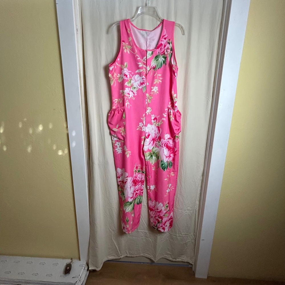 Pink Floral Sleeveless Button Front Jumpsuit with Pockets Rose Print Wide Leg